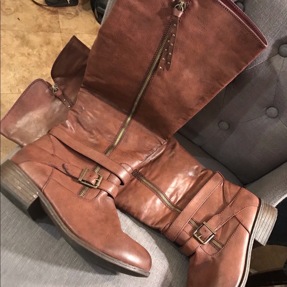 Brown distressed knee boots